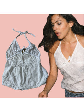 Vintage Y2K White Halter Top Embroidered Floral Tie Front Boho